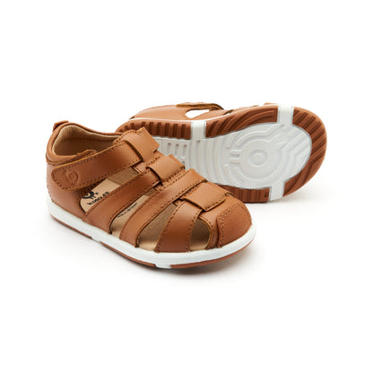 Old Soles 9502 Surf Sandal kids leather sandal in Tan and Snow with open toe detail